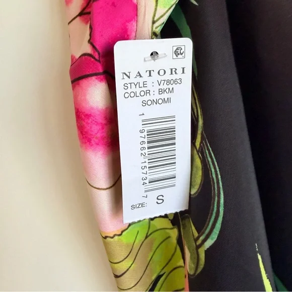 Natori Black Slip Nightgown with Pink Floral DesignS